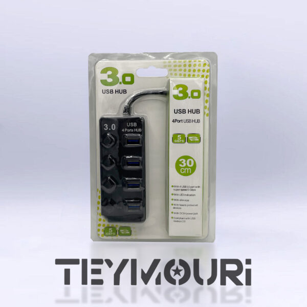 هاب USB همراه 4 پورت با دکمه خاموش کردن هر پورت، سرعت USB 3.0، کابل 30 سانتی‌متر